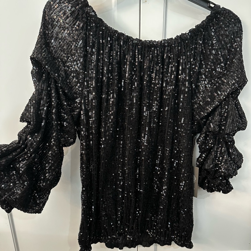 Vince Camuto Black Sequin Ruffled Blouse